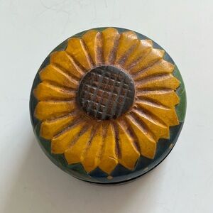 Vintage Hand Painted Wooden Trinket Box Carved Sunflower Lid